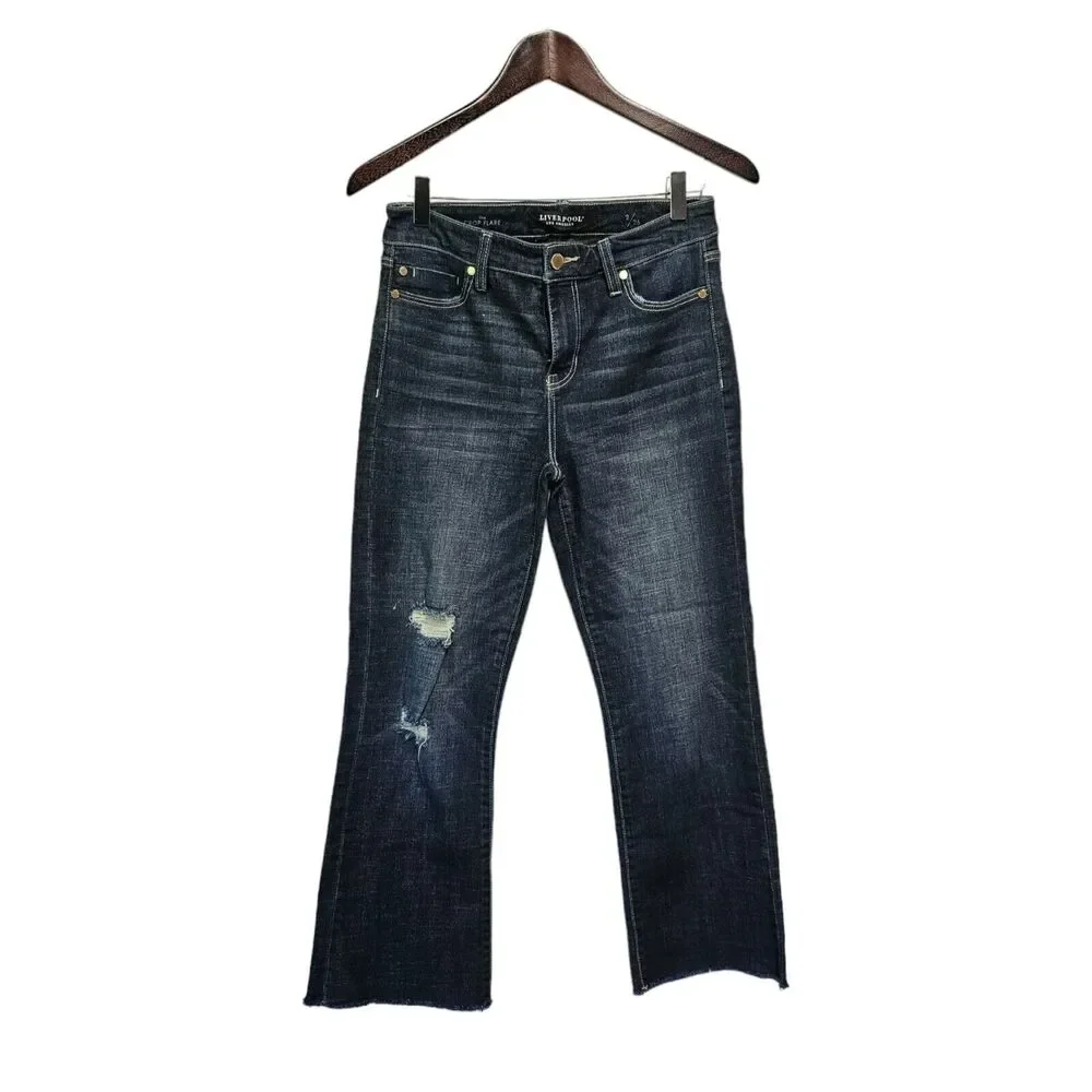 Liverpool‎ The Crop Flare Jeans 2/26 Fray Hem Dark Wash High Rise - Picture 5 of 6